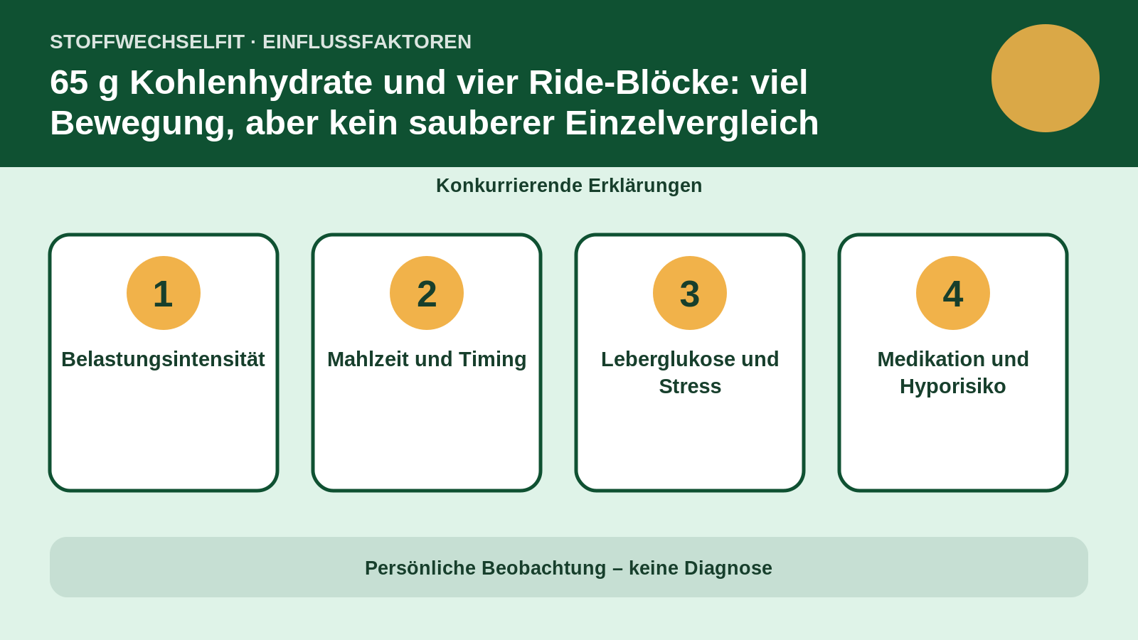 Einflussfaktoren für 65 g Kohlenhydrate und vier Ride-Blöcke: viel Bewegung, aber kein sauberer Einzelvergleich