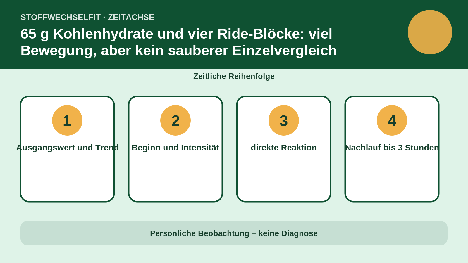 Zeitachse für 65 g Kohlenhydrate und vier Ride-Blöcke: viel Bewegung, aber kein sauberer Einzelvergleich