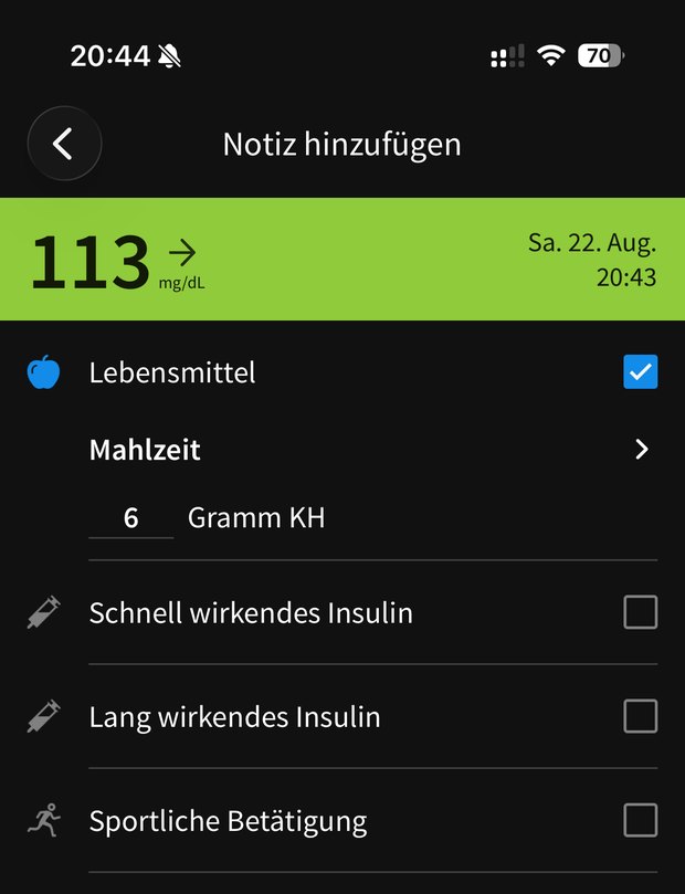 Abb. 3: FreeStyle-Libre-3-Notiz vom 22. August, 20:43 Uhr: 113 mg/dl, 6 g Kohlenhydrate.