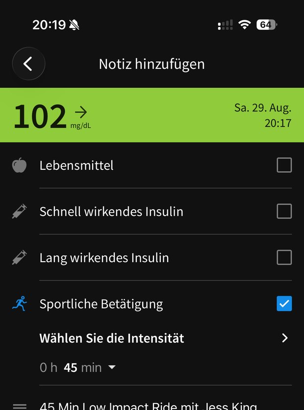 Abb. 5: FreeStyle-Libre-3-Notiz vom 29. August, 20:17 Uhr: 102 mg/dl und sportliche Betätigung.