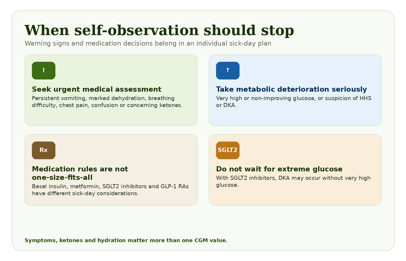 Fig. 6: Warning signs and medication questions for which a sick-day plan or medical review matters more than the appearance of the CGM trace.
