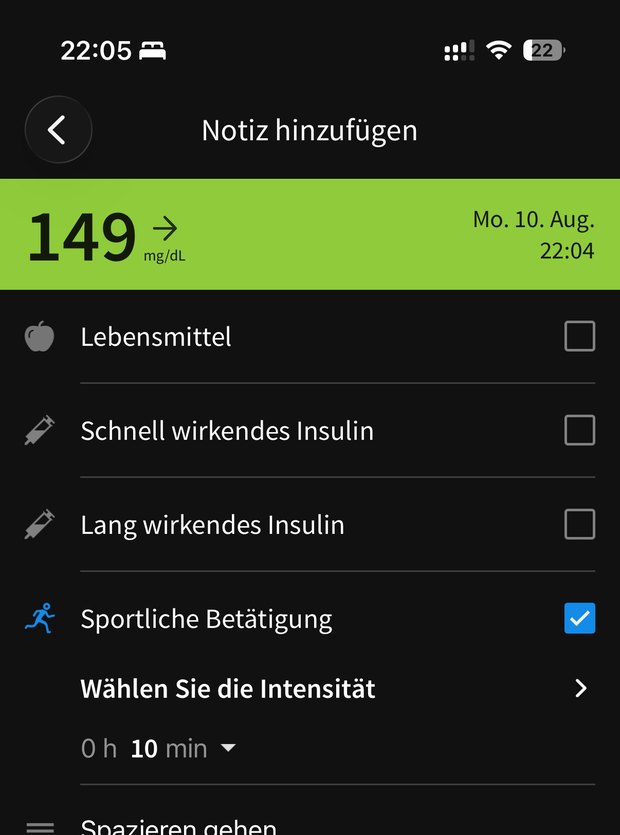 Screenshot der FreeStyle-Libre-App, 22:05 Uhr, mit der Notiz zum Spaziergang