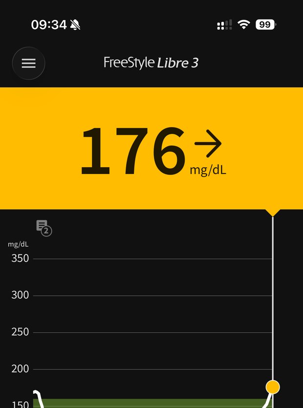 Screenshot of the FreeStyle Libre app at 09:34 with the Dark Cookie Crumble note