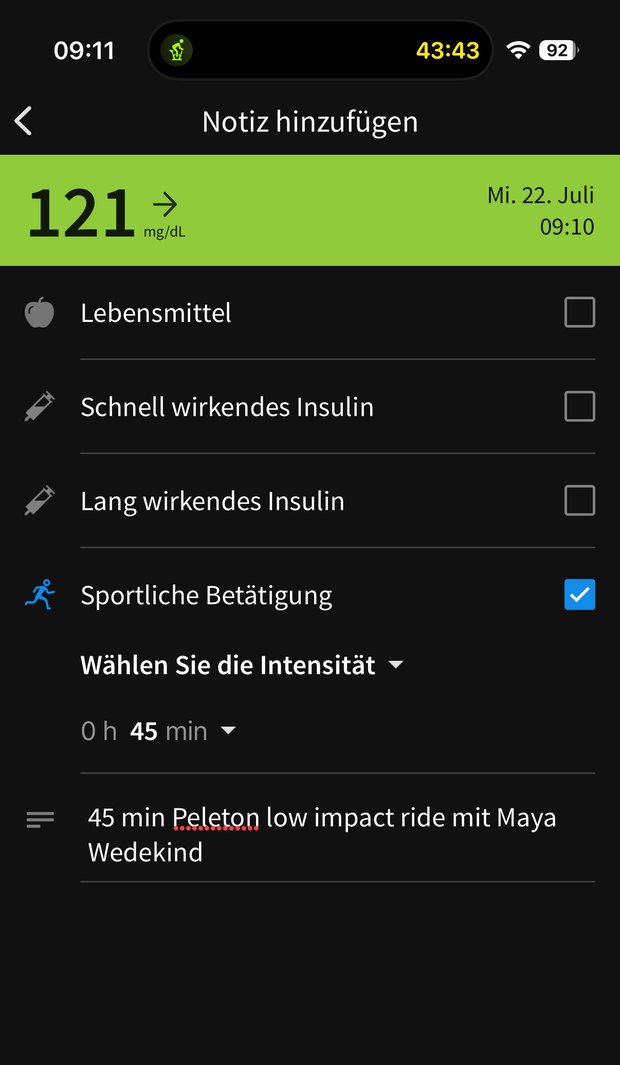 Screenshot der Libre-App: 121 mg/dl um 09:10 Uhr mit der Trainingsnotiz über 45 Minuten