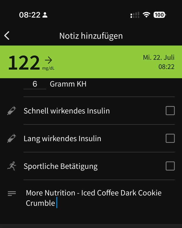 Screenshot der Libre-App: 122 mg/dl um 08:22 Uhr mit der Notiz zum Iced Coffee
