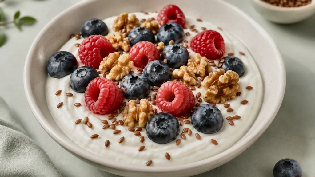 Skyr-Beeren-Bowl mit Walnüssen und Leinsamen