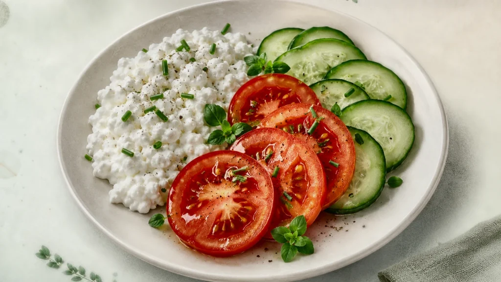 Hüttenkäse-Teller mit Tomate und Gurke