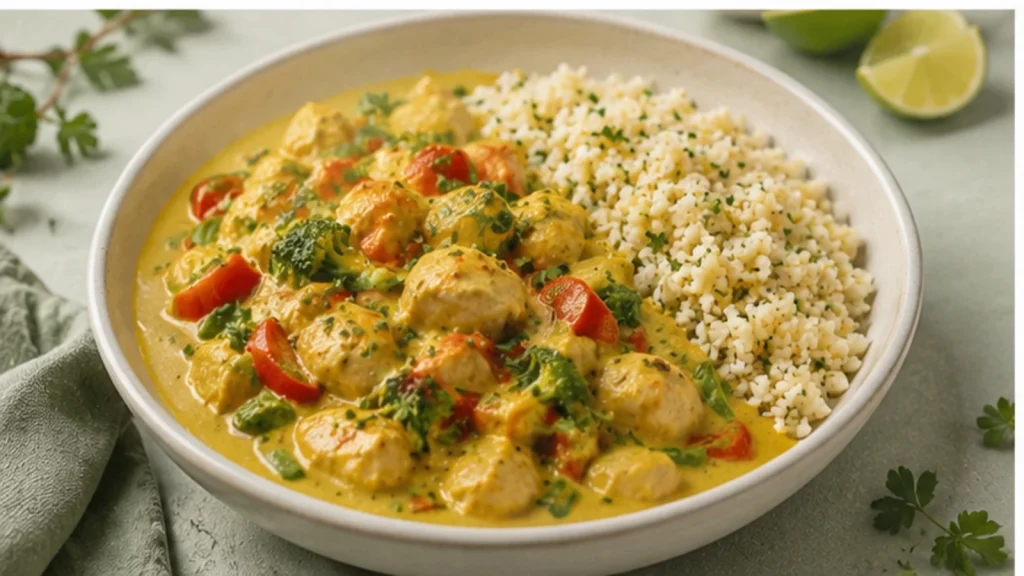 Hähnchen-Curry mit Kokosmilch und Blumenkohlreis