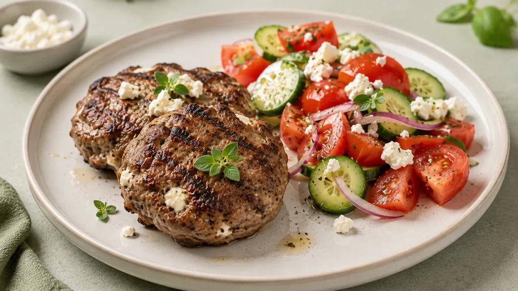 Bifteki mit Feta und Tomaten-Gurken-Salat