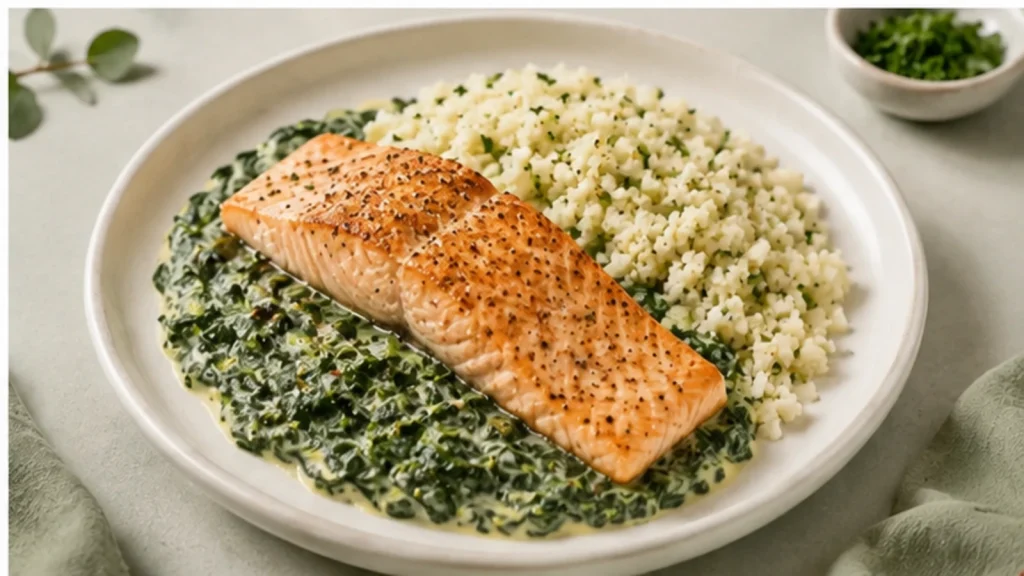 Lachs auf Rahmspinat mit Blumenkohlreis