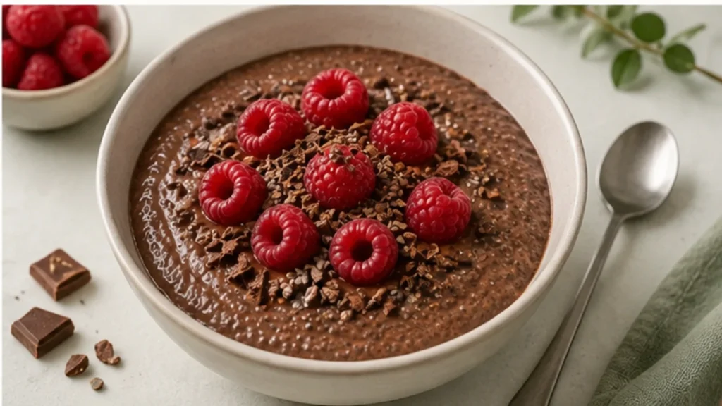 Schoko-Chia-Pudding mit Himbeeren